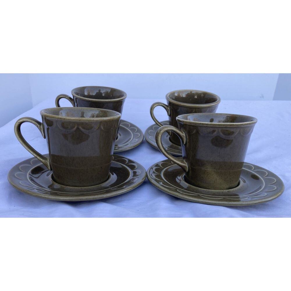 Set of 4 Homer & Laughlin Sheffield Granada Avocado Ironstone Tea Cup & Saucers
